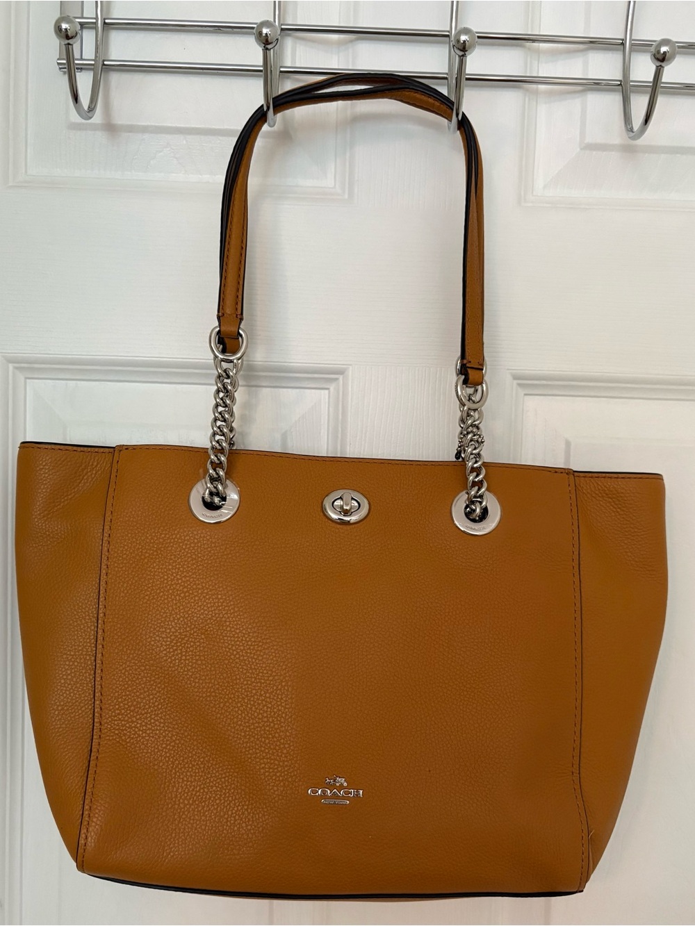 Coach Pebbled Leather Tote in Cognac with Silver Chain Handles Summer Sale